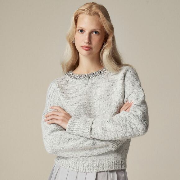 J. Crew Embellished Pullover Sweater Long Sleeve Light Grey Silver Size XS NWT - Picture 1 of 11